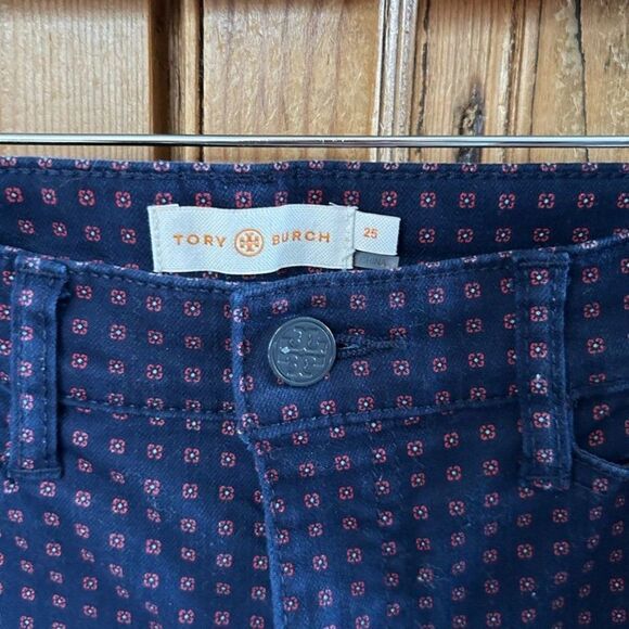 Tory Burch 25 Navy‎ Blue Red Skinny Pants Jeans Printed Dotted - Picture 4 of 14